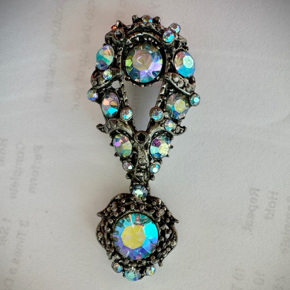 Vintage Chandelier Dangle Brooch Silvertone with Aurora Borealis Rhinestones